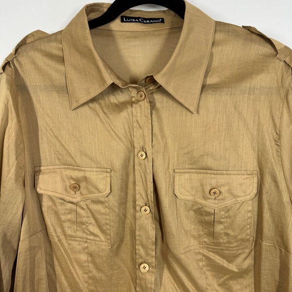 Luisa Cerano Tan Button Down Shirt Size 14 Utility Cotton Blouse Workwear - Picture 3 of 16